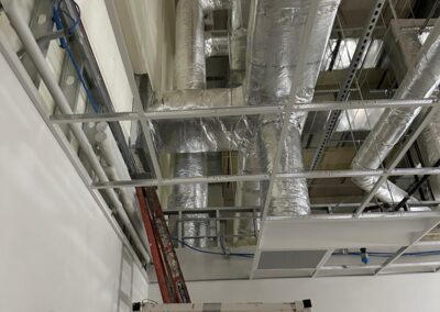 Interior view of industrial ceiling with ductwork and a ladder.